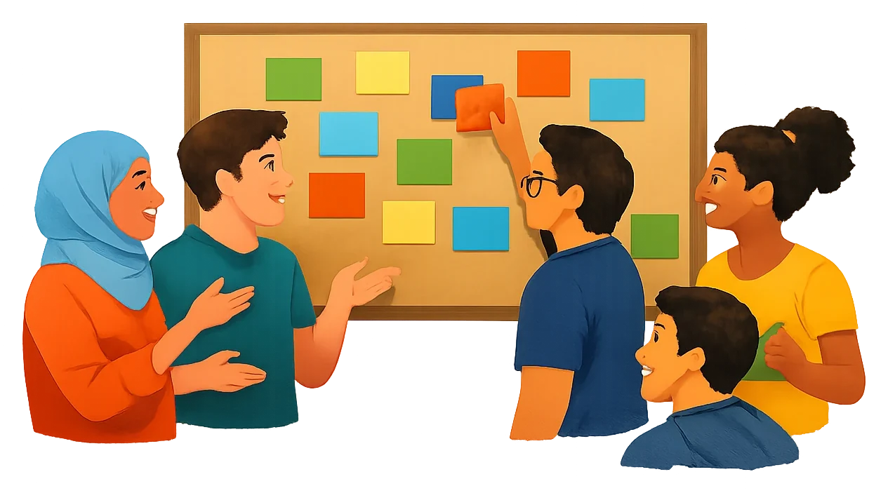 Student branch team planning an activity around a board