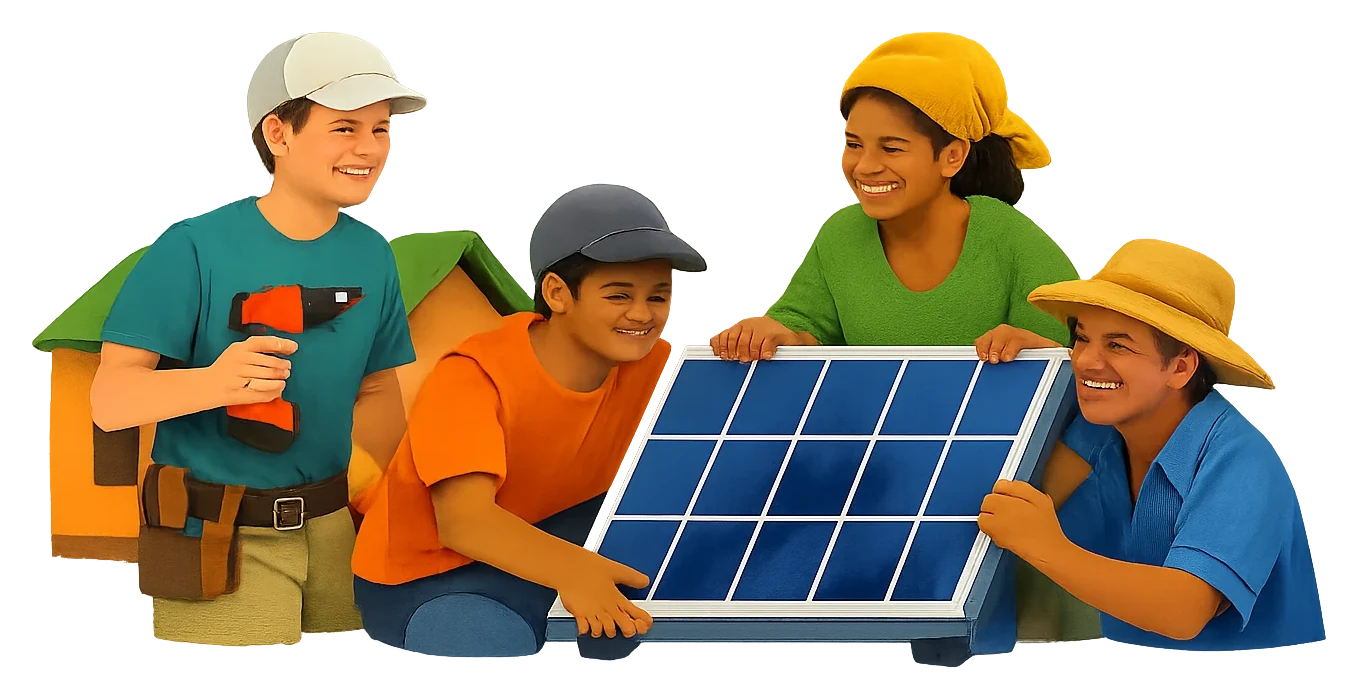 Engineers installing solar panels with a village community
