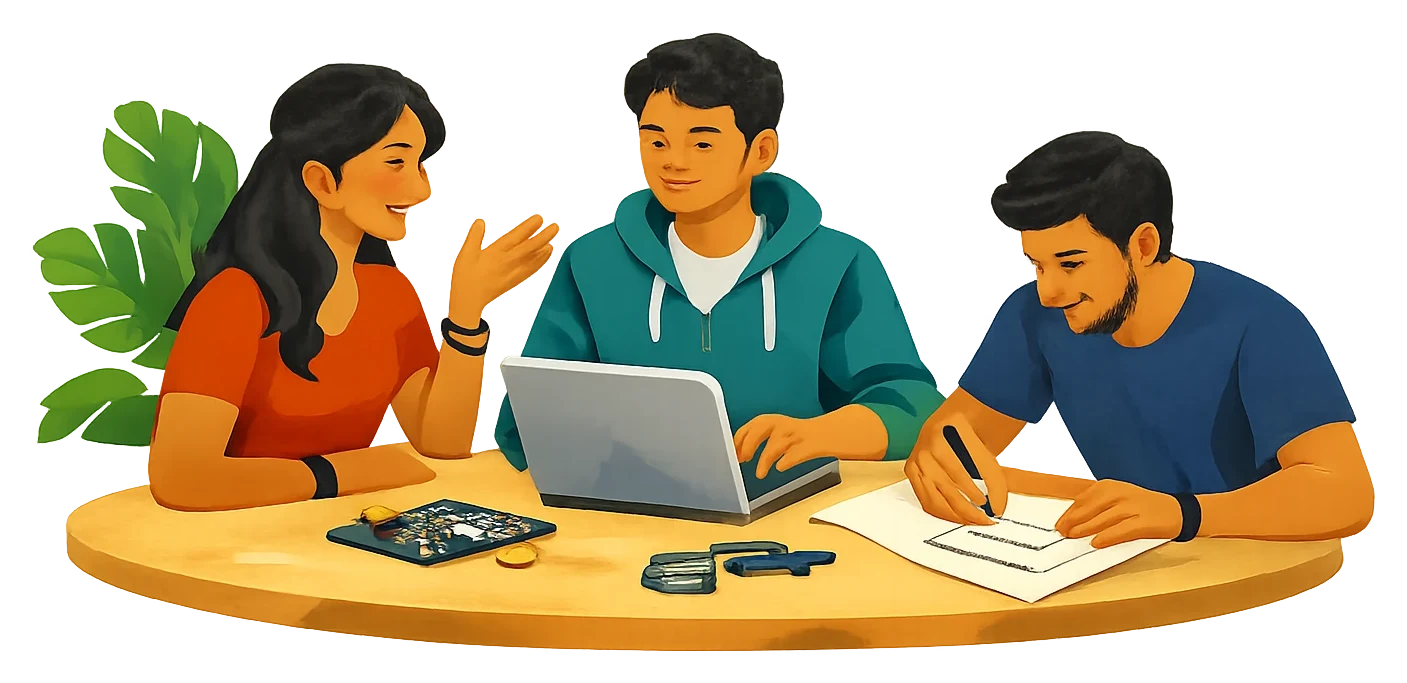 Kerala engineering students sharing ideas around a laptop